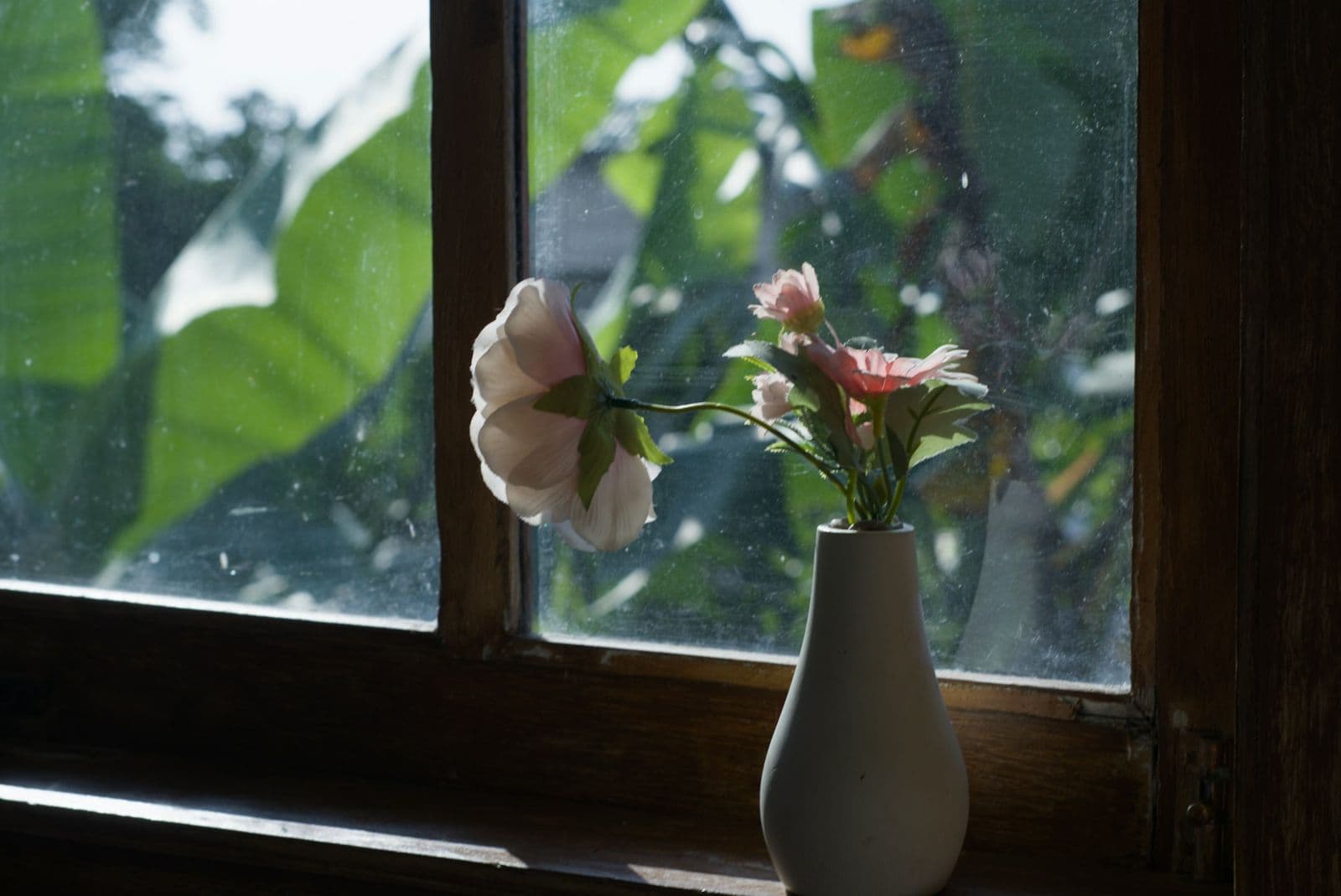 Rosa blommor i en vit vas på en solig fönsterbräda