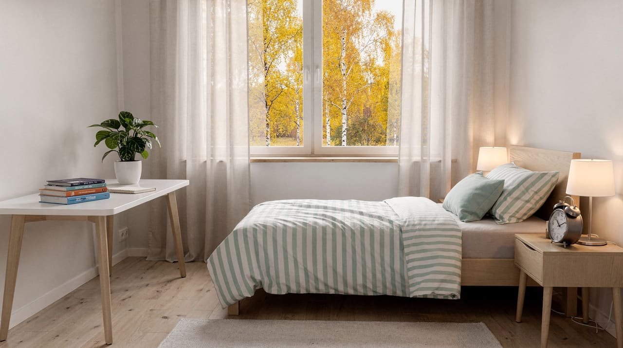 Ett ljust sovrum en klar höstmorgon med en bäddad säng, en väckarklocka på nattduksbordet och björkar utanför fönstret