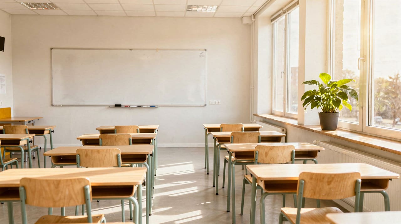 Ett tomt klassrum i morgonljus med rader av ljusa träbänkar, stora fönster och en grön växt i fönsterkarmen