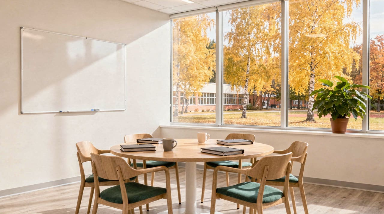 Ett ljust mötesrum i en skola en höstmorgon, med ett runt bord, stolar, muggar och pärmar och ett fönster mot skolgården