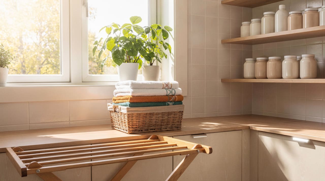 Ett ljust tvättrum i morgonljus med fönster, hopvikta handdukar i en korg, en torkställning och en grön växt i fönsterkarmen