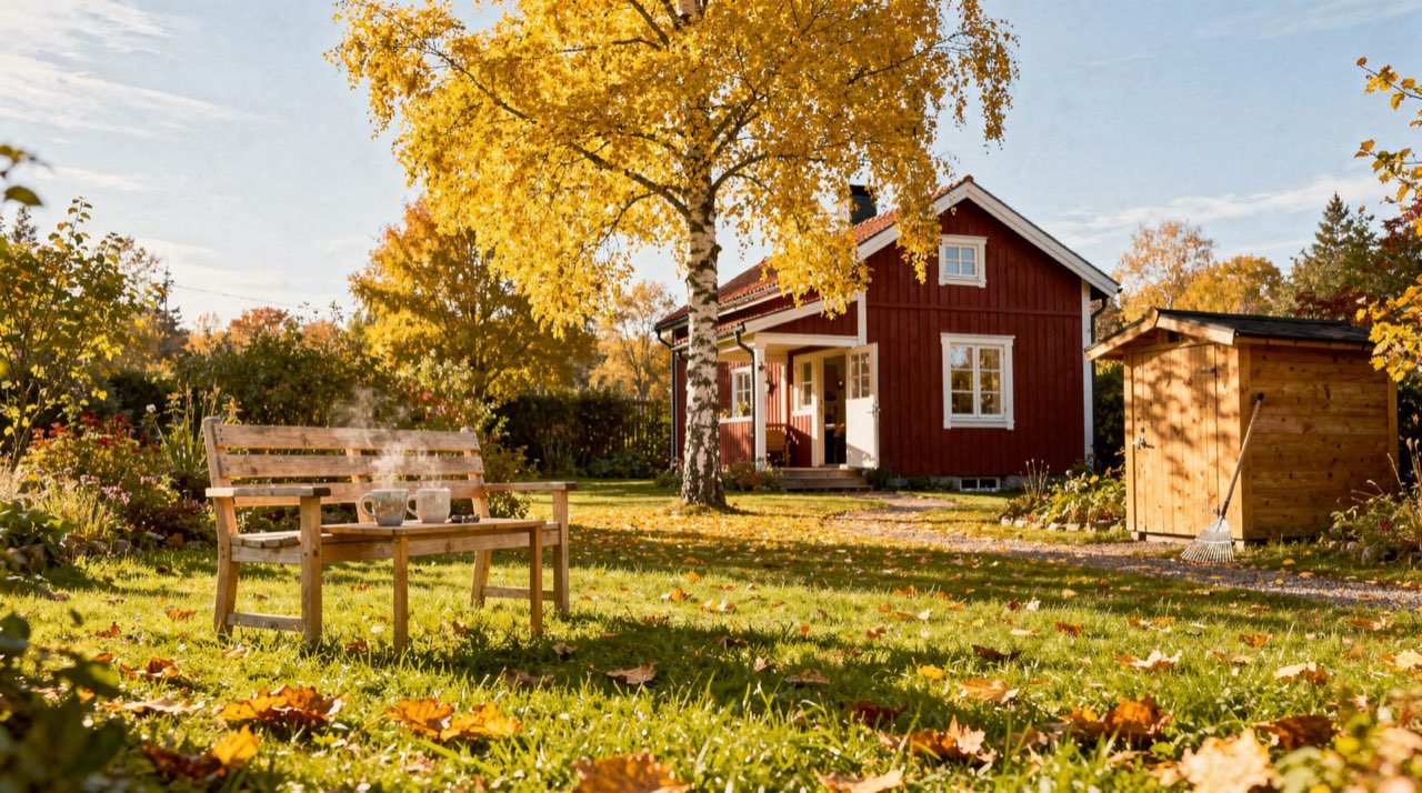 En solig trädgård en klar höstdag med en träbänk, två muggar på ett litet bord och ett rött trähus med öppen verandadörr