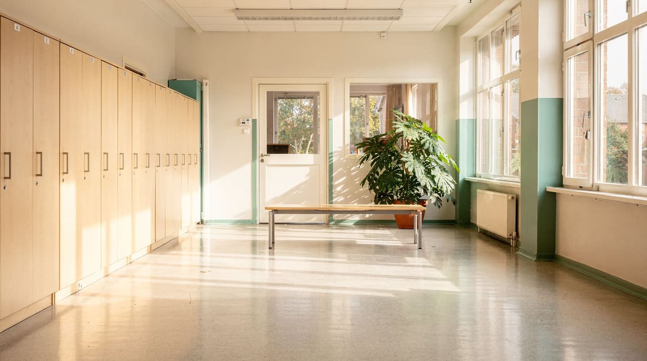 En tom skolkorridor i morgonljus med skåp längs väggen, en bänk och en krukväxt vid en dörr